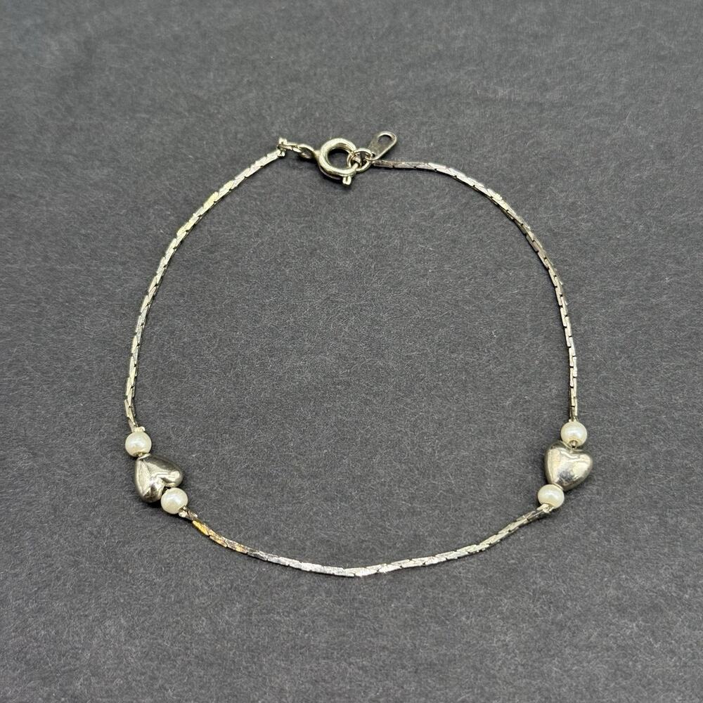 Vintage Barbie Mattel Silver Tone Box Chain Heart Pearl Bracelet 7.25" Y2K Kids